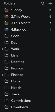 Screenshot of a list of email folders, as follows: 1.Today, 2.This Week, 3.This Month,4.Backlog, Social, Dev, Work, Lists, Updates, Promos, Finance, Home, Health, Travel, Commissions, Downloads