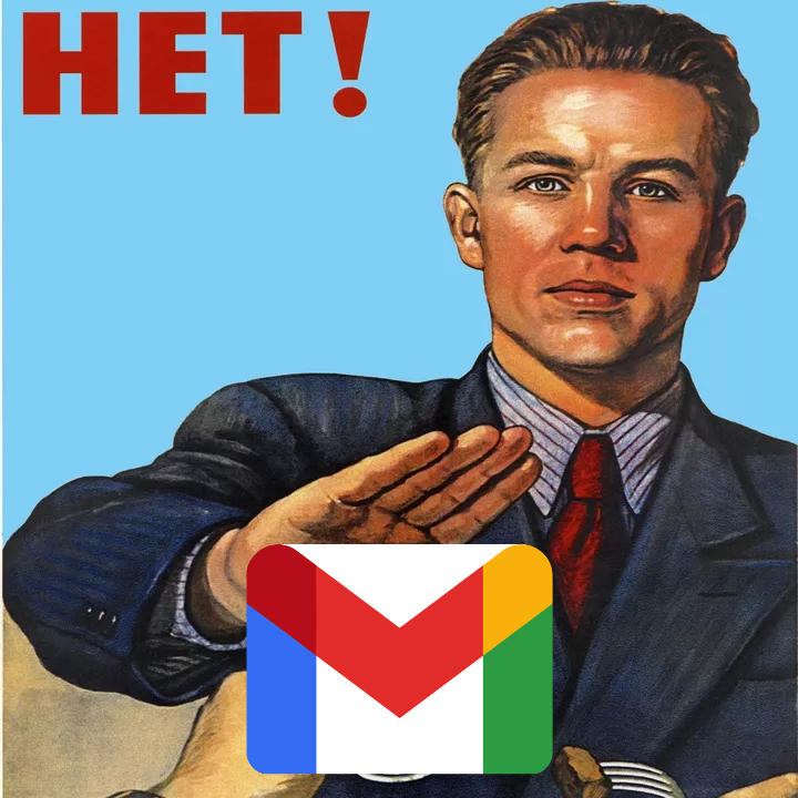 Russian anti-alcohol poster showing a man refusing a drink, with the text "HET!" The drink has been overlapped with the Gmail logo.