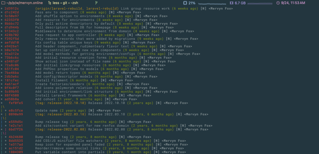 Screenshot of a git log graph, showing a large number of commits related to Laravel setup in the past 6 months, and very few commits from that point until 3 years ago.