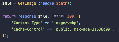 Screenshot of a code excerpt that returns a file response, setting the header 'Content-Type': 'image/webp'.