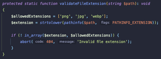 Screenshot of a PHP function that validates an image file name to enforce it having a .png, .jpg, or .webp file extension.